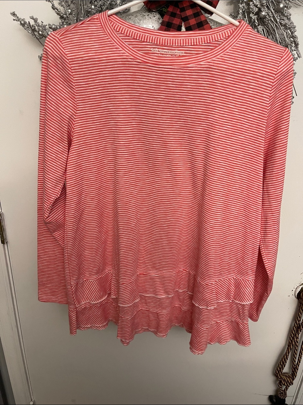 Women’s Long-Sleeve Pink Striped Ruffle Hem Top